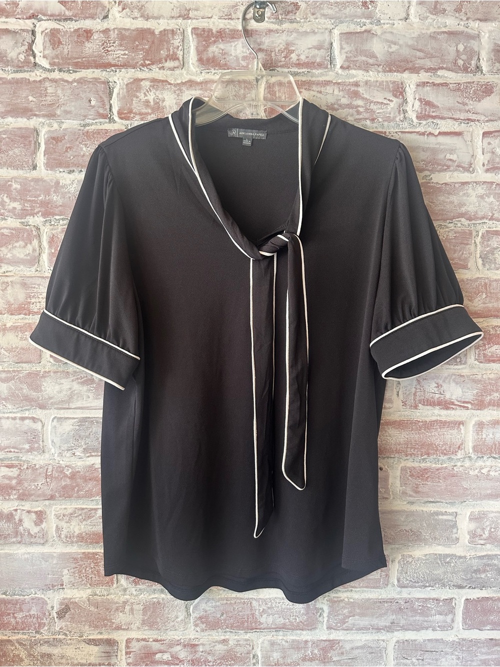 Adrianna Papell Black Blouse with White Trim Tie-Neck